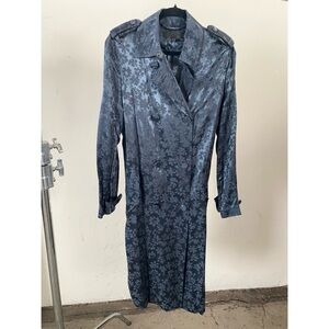 Rag and Bone blue floral french jacquard silky long trench coat size small